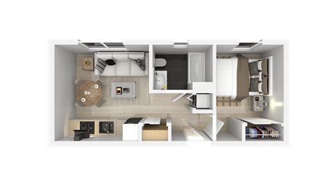 A top-down view of a small, neatly organized apartment with a kitchen, living room, and bedroom.